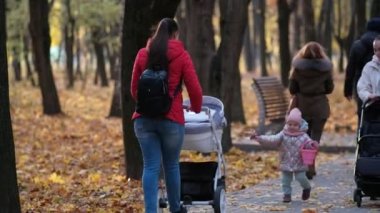 Parkta sarı ağaçların olduğu güzel bir sonbahar manzarası. Bebek arabalı ve çocuklu insanlar dökülen yaprakların arasında yürür..