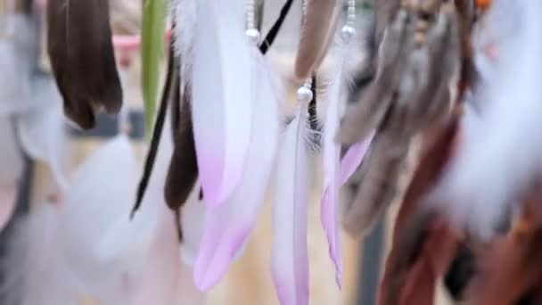 Beautiful Multicolored Feathers Dreamcatcher Amulets Flying Swinging Wind Fps — Stock Video