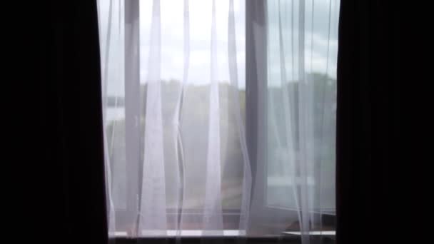 Widok Natury Przez Okno Łatwe Kołysanie Tiulu Wiatru Przezroczysta Zasłona — Wideo stockowe