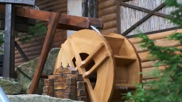 Decorative Small Watermill Backyard Spins Spray Water Water Wheel Guise — Stock Video