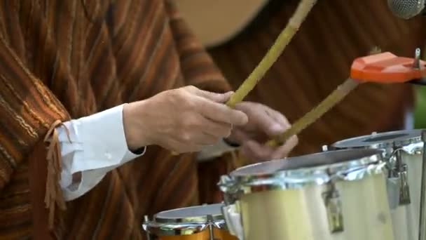 Man Mexican Costume Plays Drums Hands Close — Stock Video