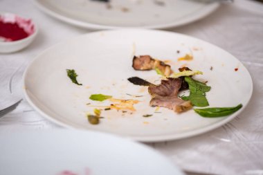 Restoran masasındaki artık yemekler ve kirli tabaklar. Partiden sonra kalan artıklar..