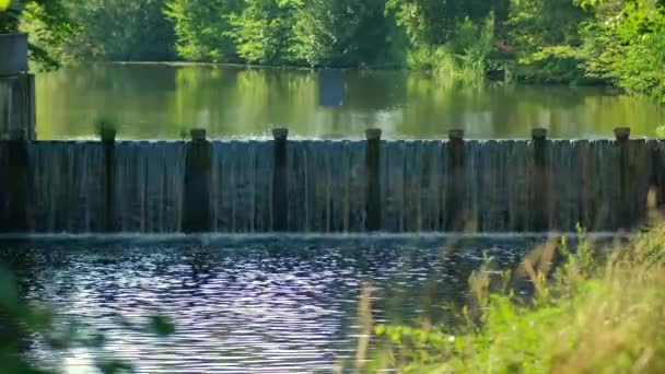 Liten Damm Vid Flod Tyskland Mot Bakgrund Vacker Natur — Stockvideo