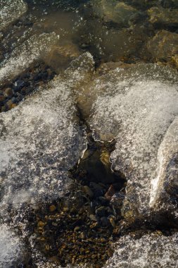 Dağ nehrinde kayaların ve buzların üzerinden akan su