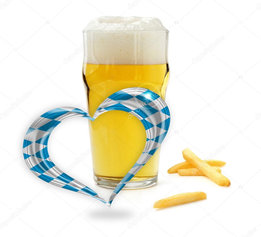 Glass of beer, french fries and a heart with bavarian flag colors