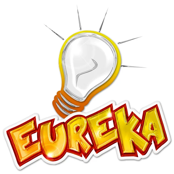Eureka palavra e lâmpada no fundo branco — Fotografia de Stock