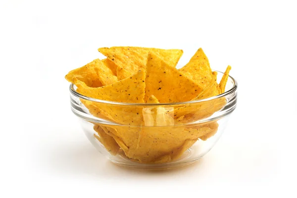 Nachos in a glass bowl on white background — Stock Photo, Image