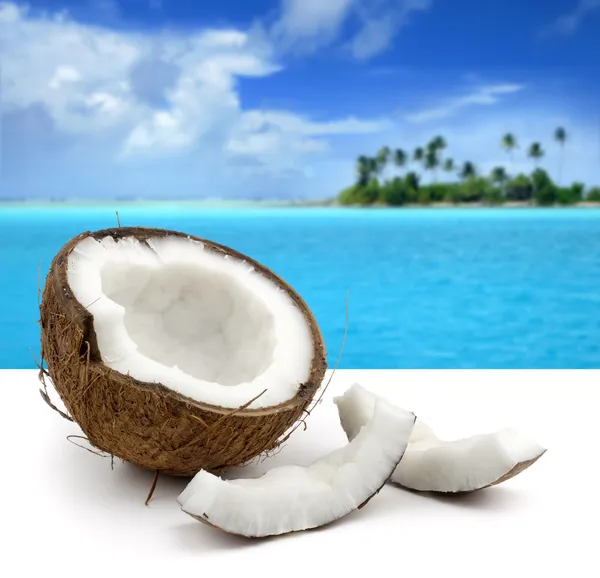 Coconut on white background and beautiful seascape — Stock Photo, Image