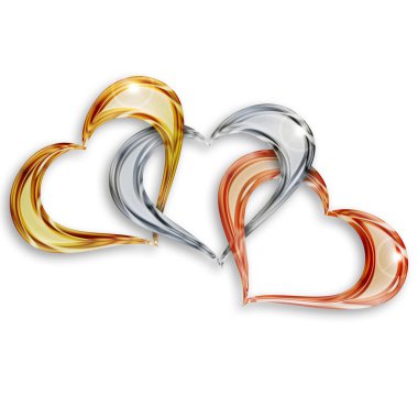 Gold, silver and bronze hearts entwined on white background clipart