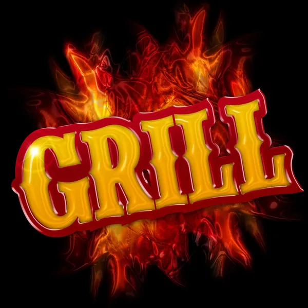 Grill label com chamas sobre fundo preto — Fotografia de Stock