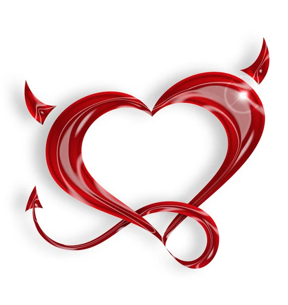 Corazón rojo con cola y cuernos sobre fondo blanco — Foto de Stock