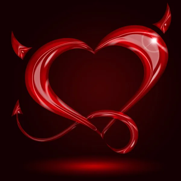 Red heart with tail and horns on black background — Stock Photo, Image