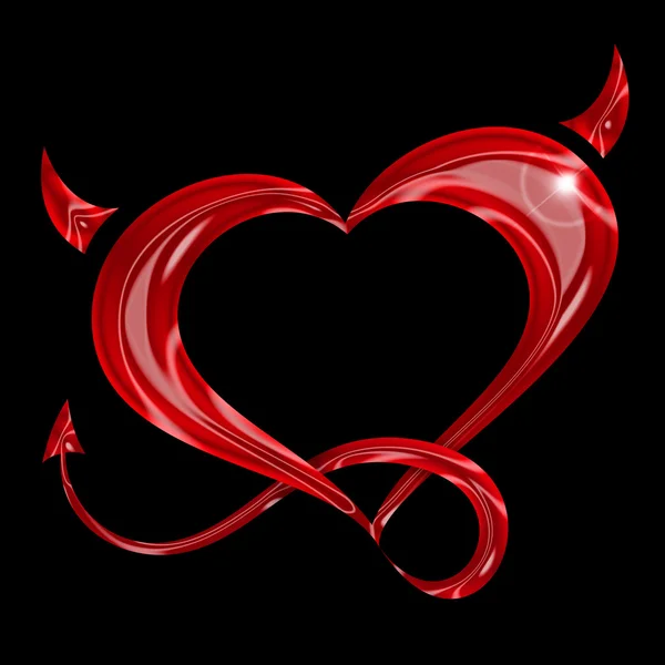 Red heart with tail and horns on black background — Stock Photo, Image