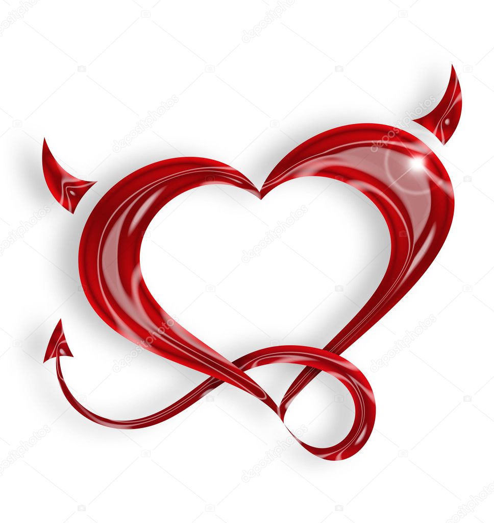 Red heart with tail and horns on white background — Stock Photo