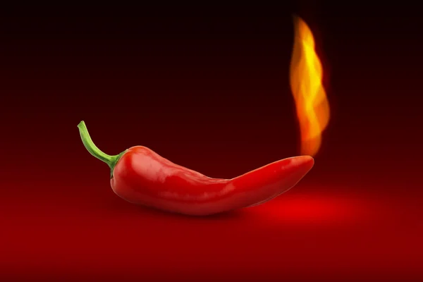 Red hot chili pepper with flame on dark red background — Stock Photo, Image