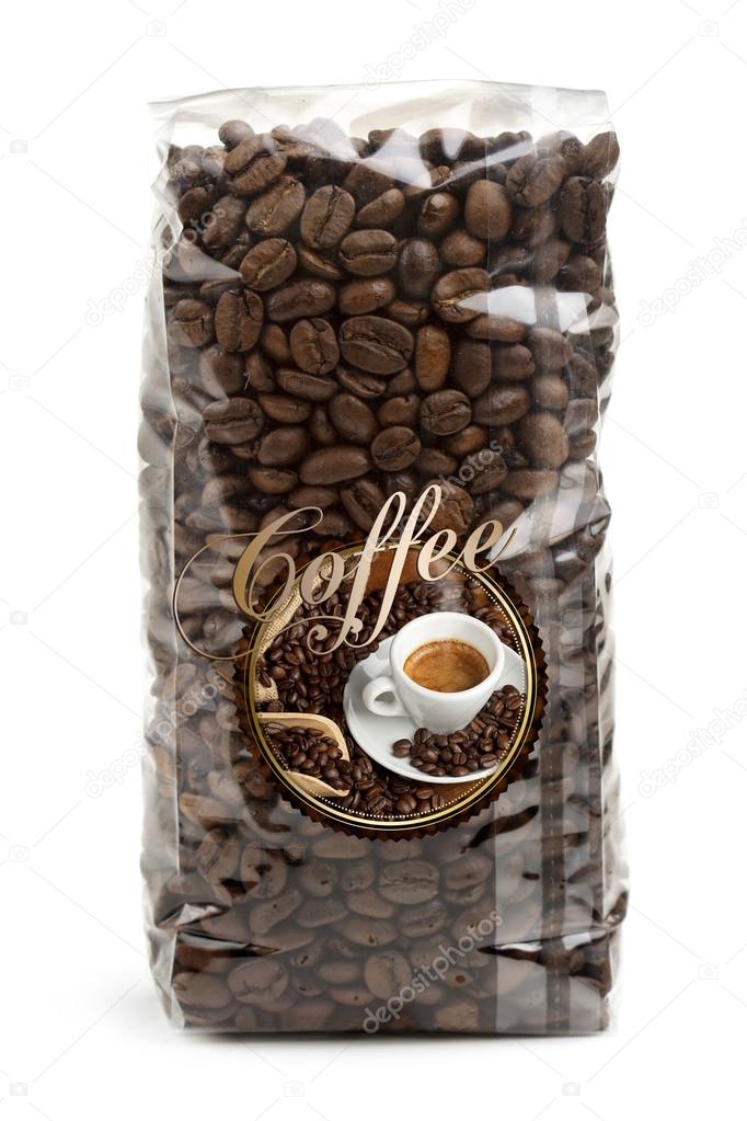Clear plastic bag of coffee beans isolated on white background
