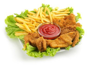 Fried chicken, fries, lettuce and ketchup sauce on white background clipart