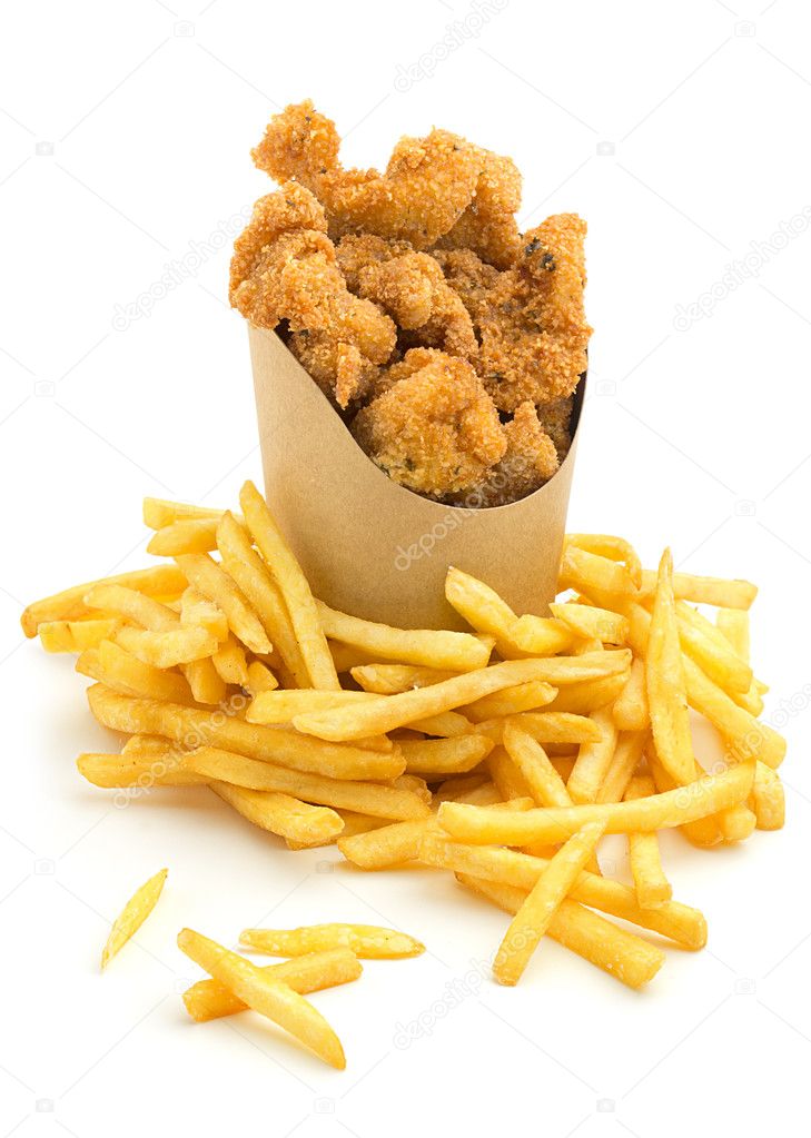 Chicken nuggets and french fries on white background