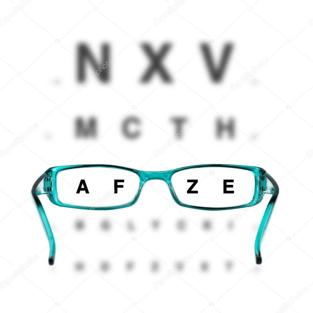 Blue eyeglasses and eyechart on white background