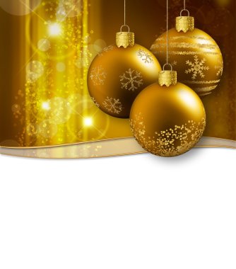 Üç Altın christmas baubles pırıltılı bir arka plan üzerinde asılı