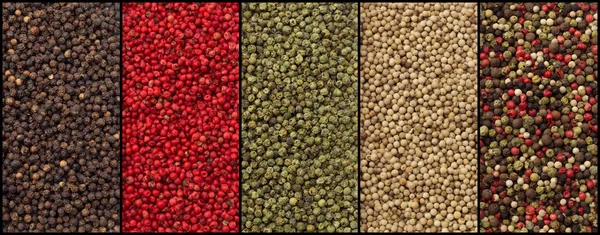 Variedades de pimienta: negra, roja, verde, blanca y mixta — Foto de Stock