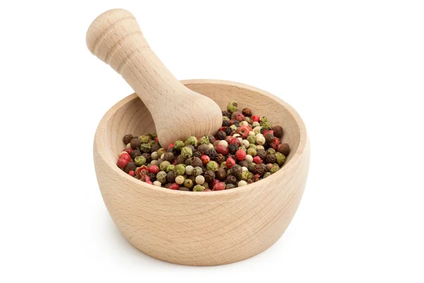 Mortar and pestle with peppercorn mix on white background — Stock Photo, Image