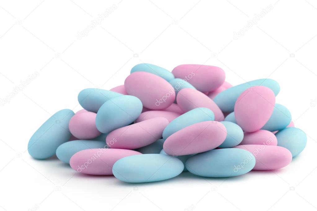 Heap of pink and blue sugared almonds