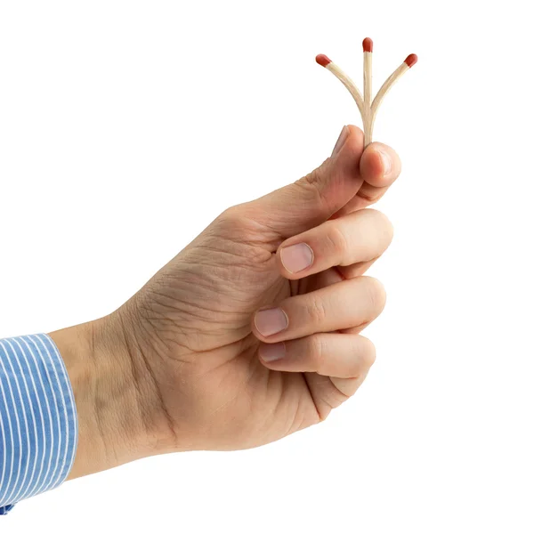 Hand holding a triple matchstick on white background — Stock Photo, Image