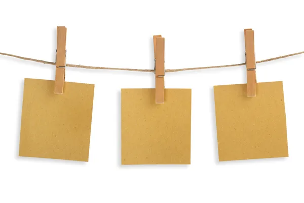 Three cards of recycled paper hanging on a clothesline — Stock Photo, Image