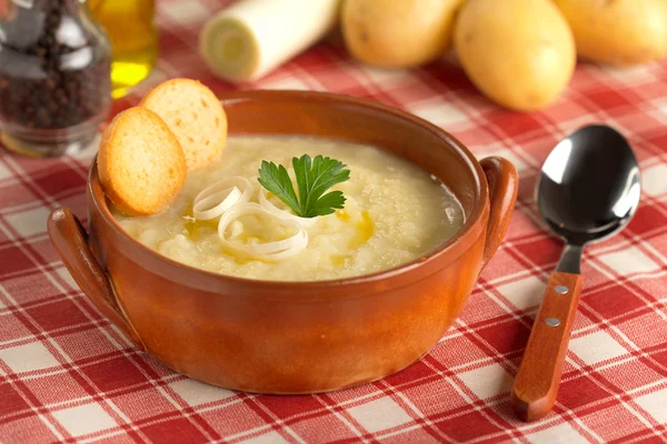 Aardappelsoep en ingrediënten op een geruite tafellaken — Stockfoto