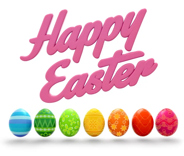 Decorated easter eggs in row and easter greetings — Stock Photo, Image