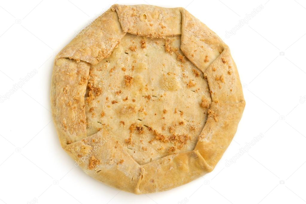 Round savoury pie isolated on white background