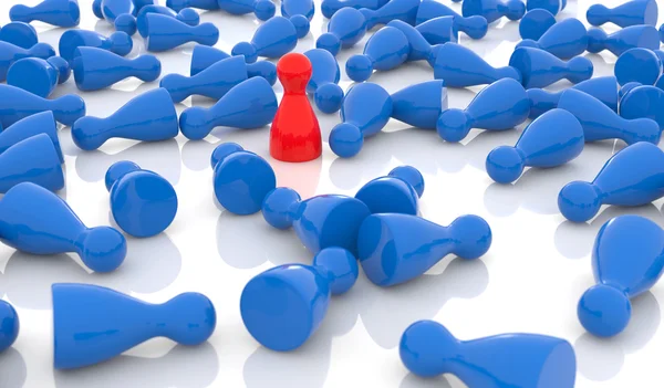 Red pawn standing among a crowd of blue pawns — Stock Photo, Image