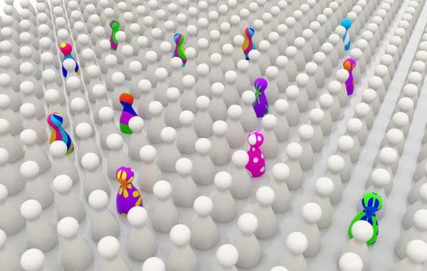 Kleurrijke pionnen onder een menigte van witte pionnen — Stockfoto