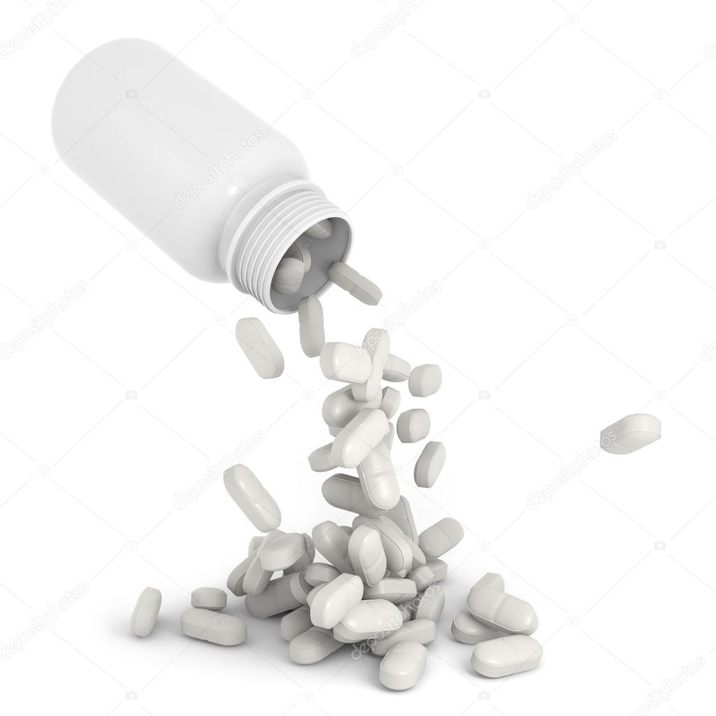 White pills falling from a plastic bottle
