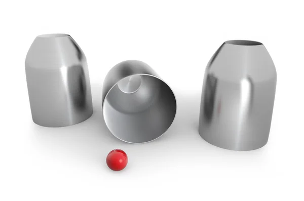 Tři Náprstky a červený míč na bílém pozadí — Stock fotografie