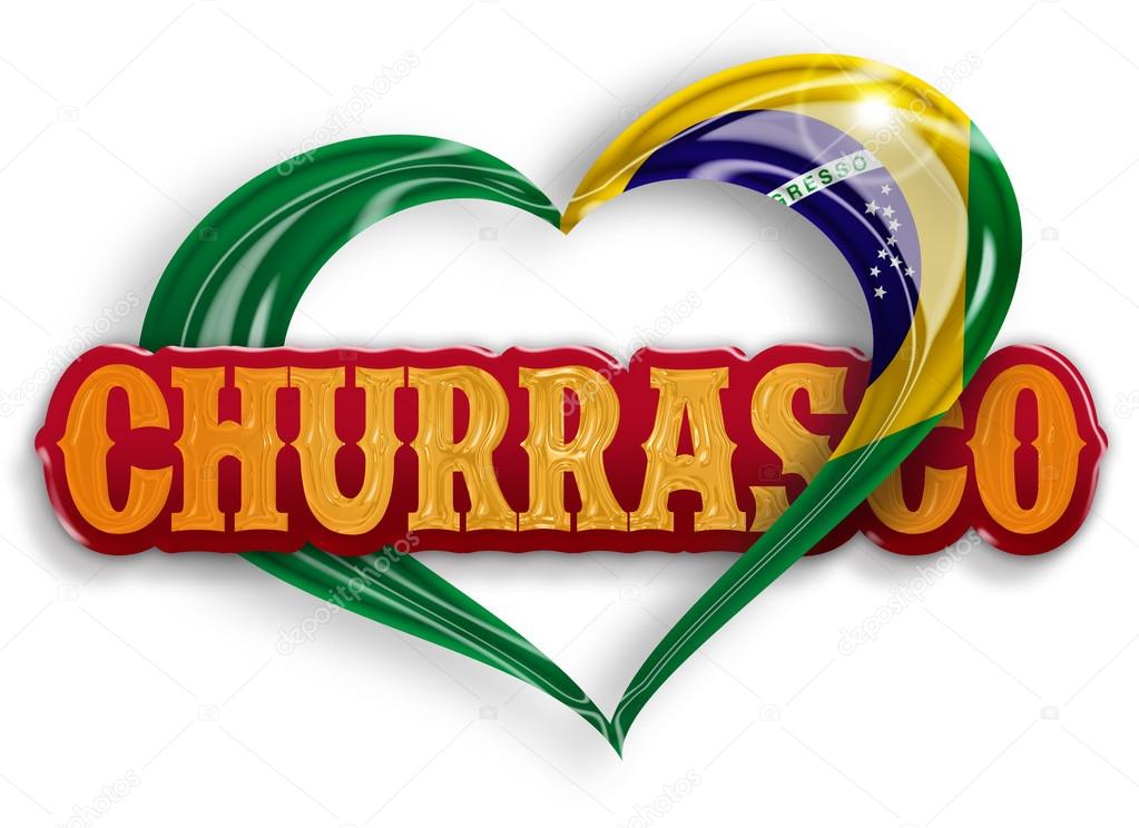 Word churrasco in a heart with the brazilian flag colors