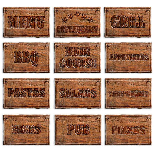 Conjunto de painéis de madeira com entradas de menu — Fotografia de Stock