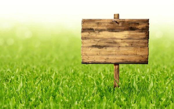 Wooden sign on a green grass lawn — Stock Photo, Image