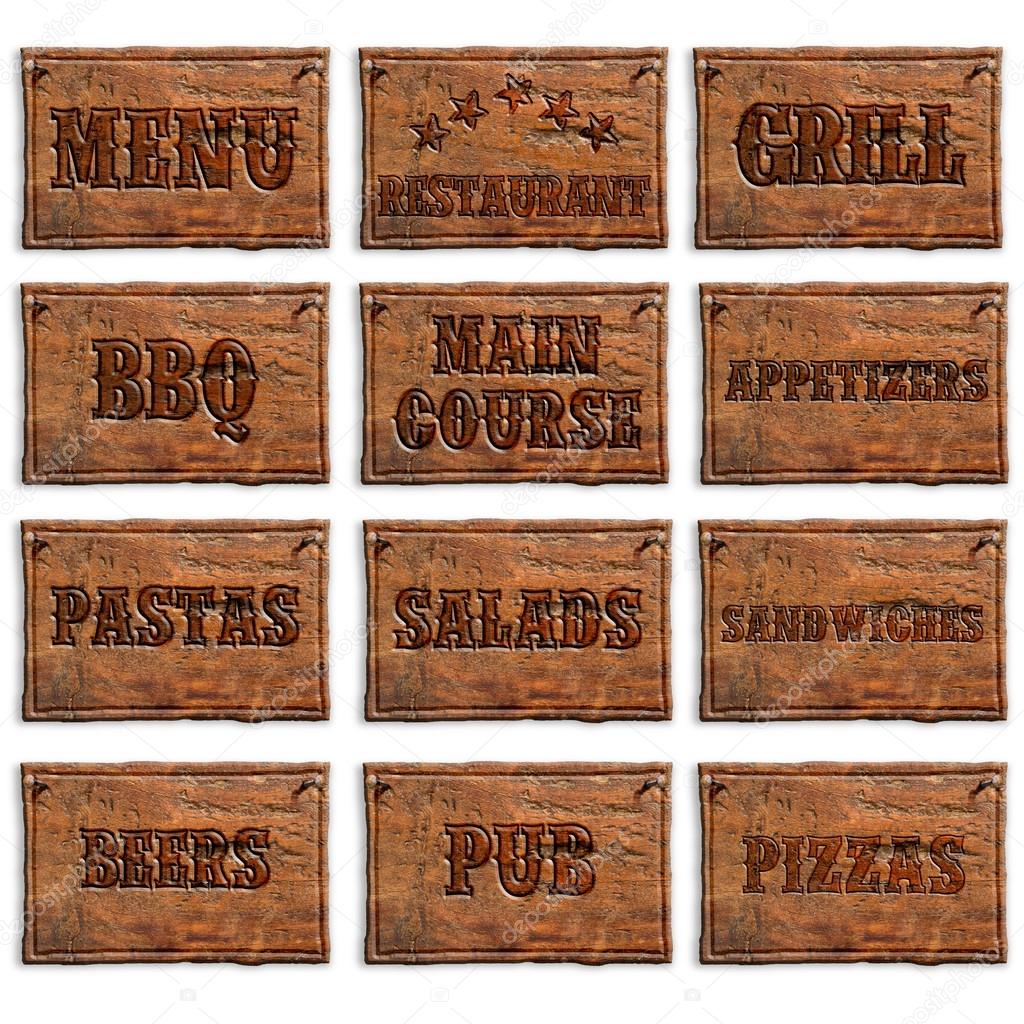 Set of wooden panels with menu entries