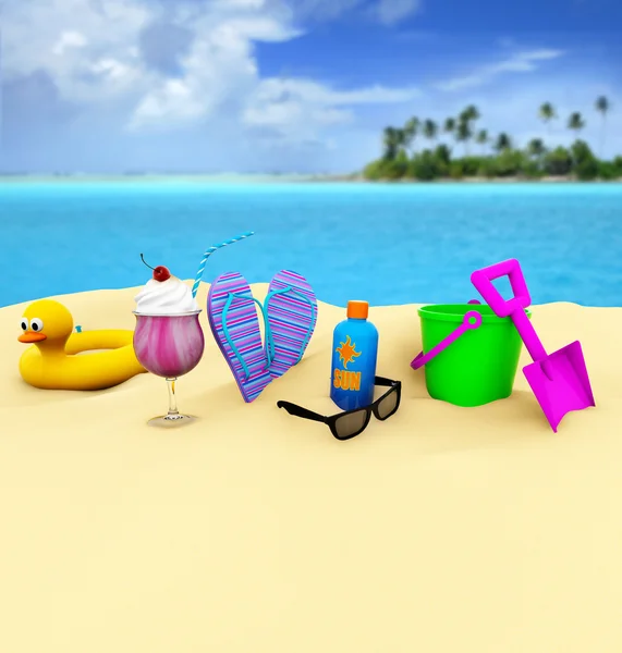 Colorful beach accessories and ice cream in the sand — Stock Photo, Image