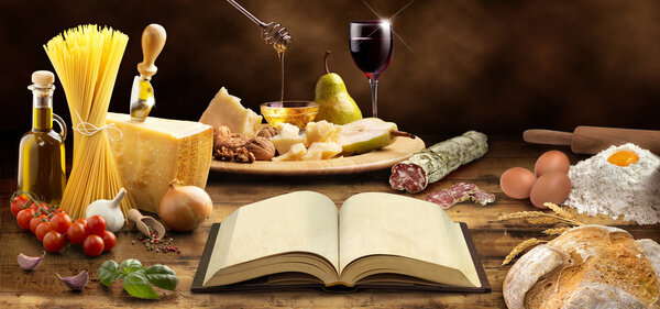 Cookbook and ingredients of the mediterranean cuisine