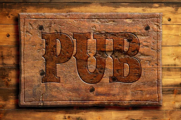 Rustic pub sign on wooden wall — Stock Photo, Image