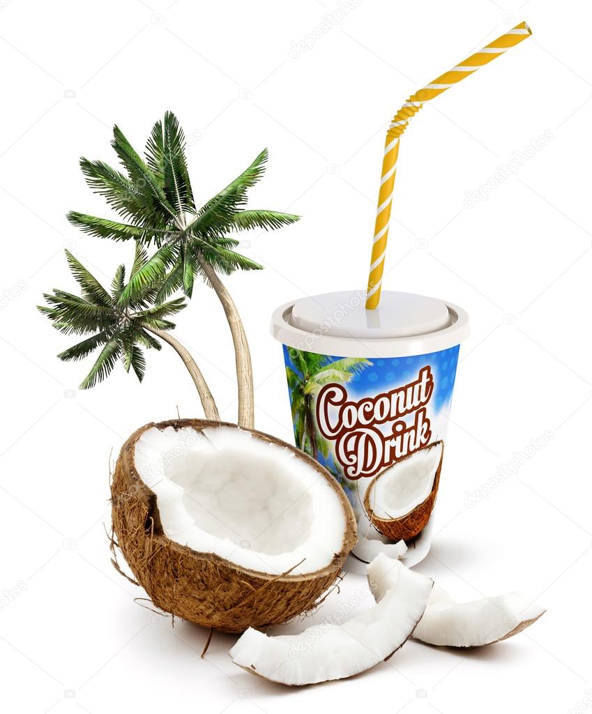 Coconut beverage with fresh coconut and palm trees