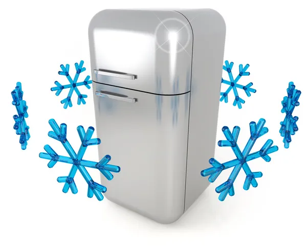 Steel refrigerator and blue snowflakes on white background — Stock Photo, Image