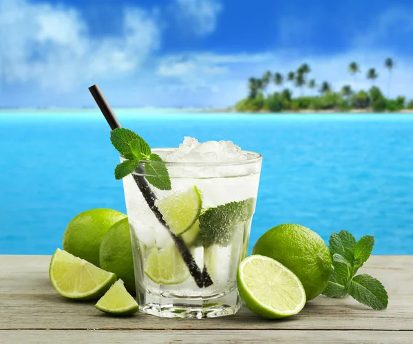 Mojito cocktail en verse ingrediënten in een tropisch landschap — Stockfoto