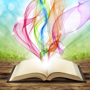 Open book with colored smoke swirls and twirls clipart