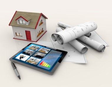 ev modeli, planları, tablet ve kalem