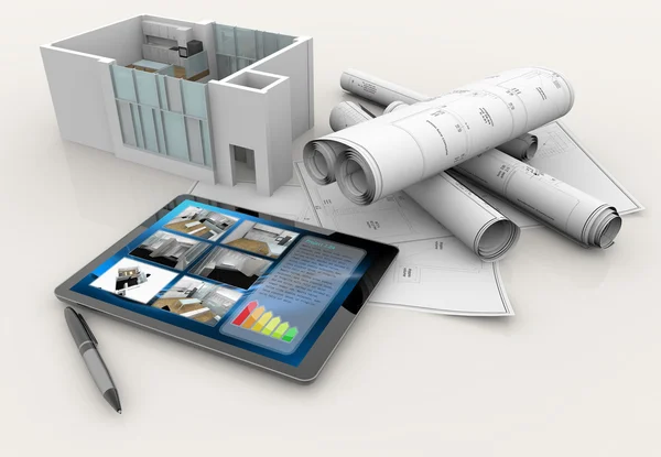Huis model, blauwdrukken, Tablet PC- en peninstellingen — Stockfoto