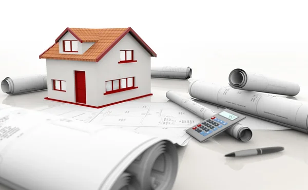 House model, blueprints and calculator on white background — Stock Photo, Image